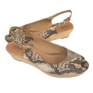 Clarks Artisan Peeptoe Slingback Cork Wedge Snakeskin Sandal Women's Size 9